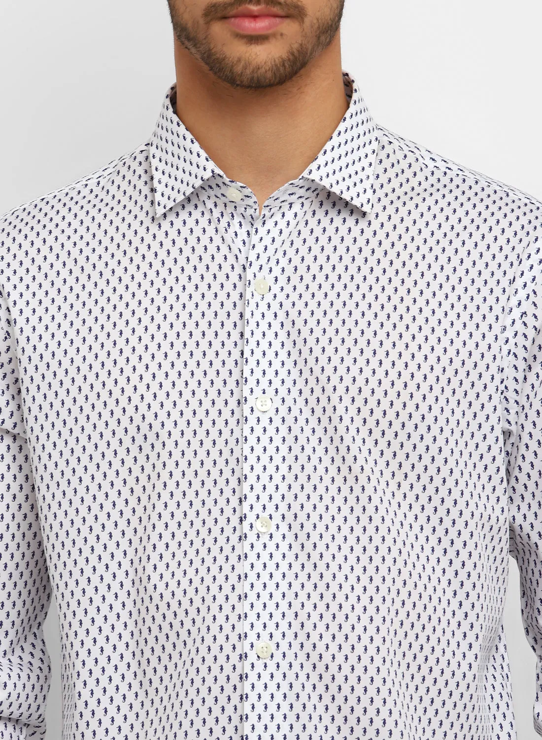 White & Navy Cotton Printed Full Sleeve Shirt