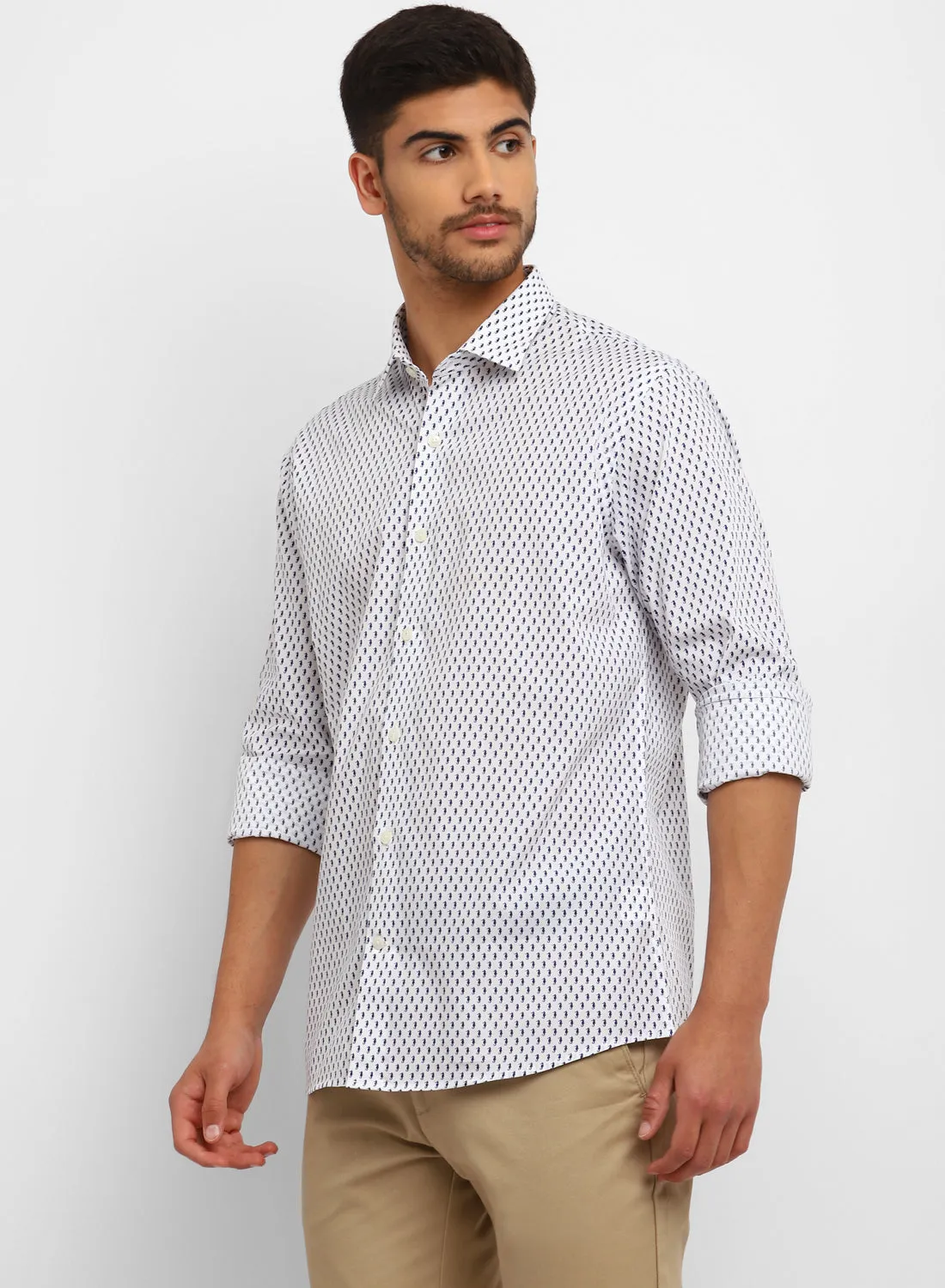 White & Navy Cotton Printed Full Sleeve Shirt