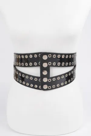 Wide Corset-Style Stretch Belt with Eyelet Studs