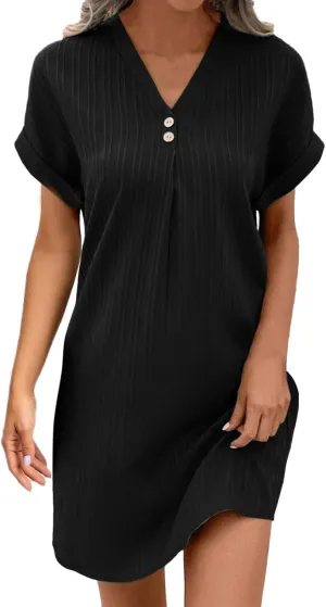 Women's 2025 Summer V Neck Dress Solid Button Down Pullover Short Sleeve Shirts Sundress Beach Travel Vacation Outfits