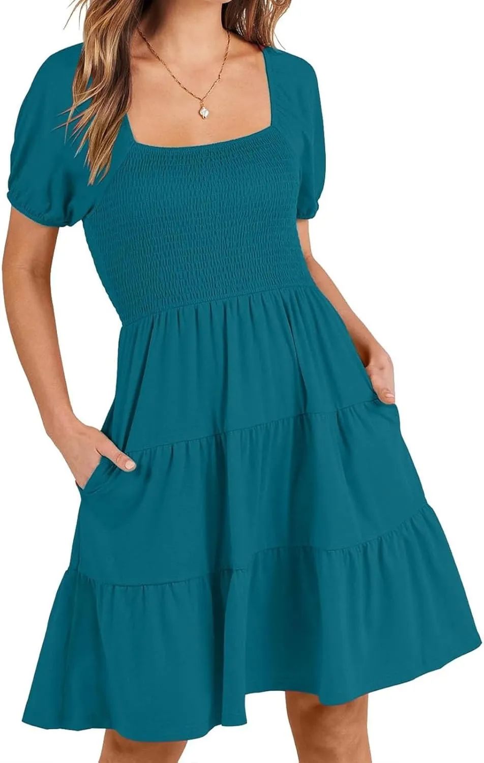 Women's Mini Dress Summer 2025 Square Neck Short Sleeve Knee Length Dresses Flowy Swing Shirring Babydoll Dress