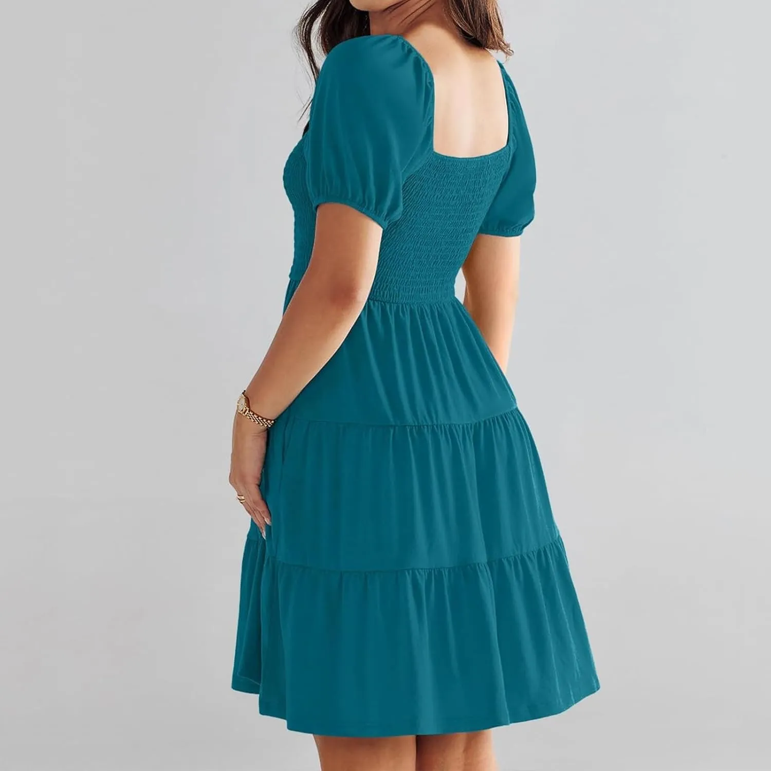 Women's Mini Dress Summer 2025 Square Neck Short Sleeve Knee Length Dresses Flowy Swing Shirring Babydoll Dress