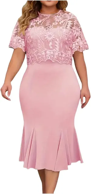 Women's Plus Size Elegant Dress Solid Color Contrast Lace Short Sleeve Round Neck Dress Summer Long Sleeve Dress