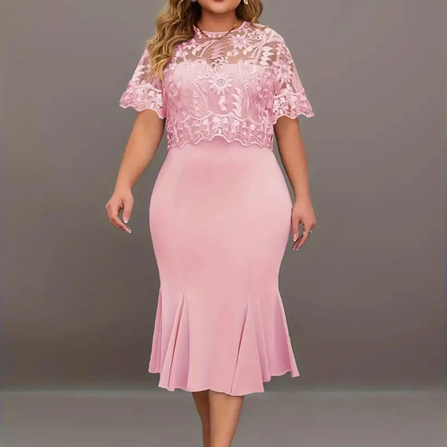 Women's Plus Size Elegant Dress Solid Color Contrast Lace Short Sleeve Round Neck Dress Summer Long Sleeve Dress