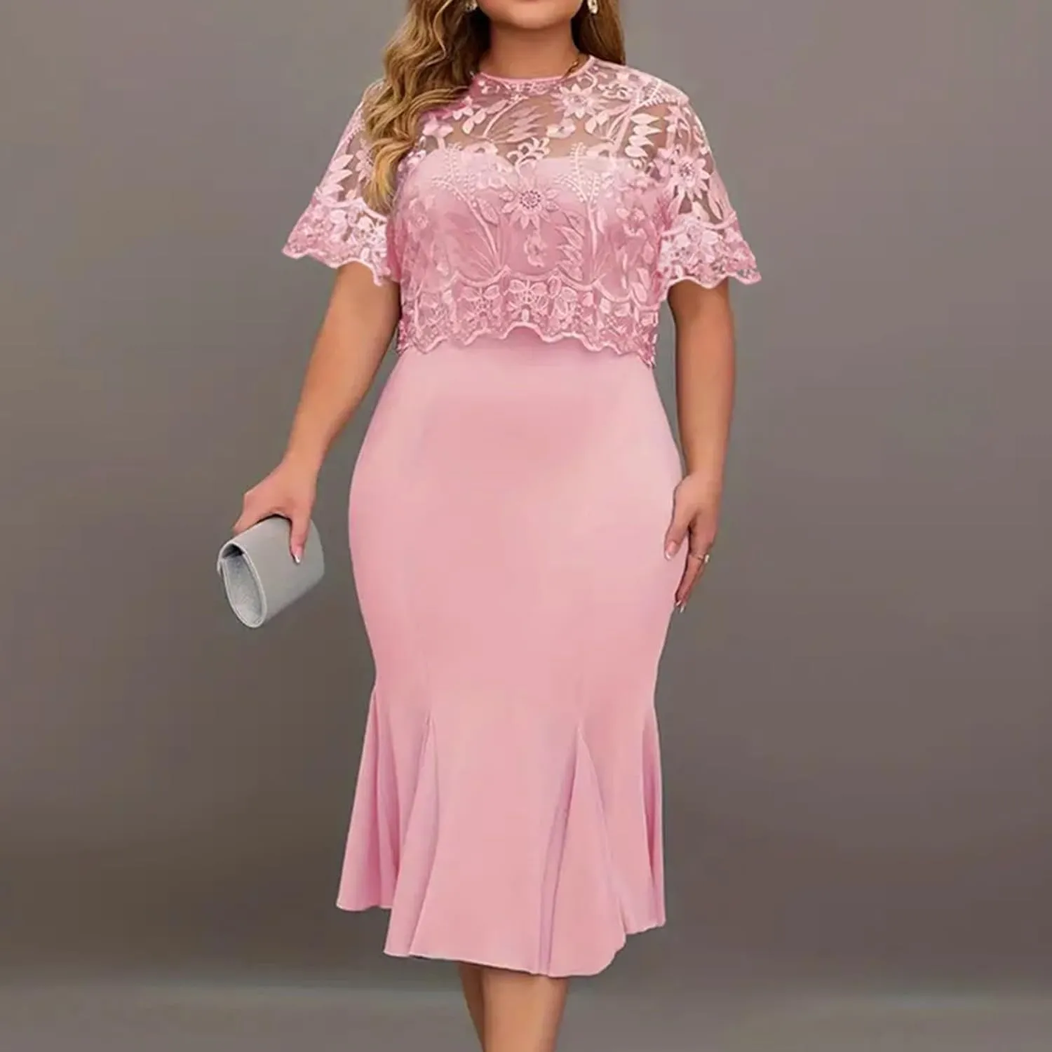 Women's Plus Size Elegant Dress Solid Color Contrast Lace Short Sleeve Round Neck Dress Summer Long Sleeve Dress