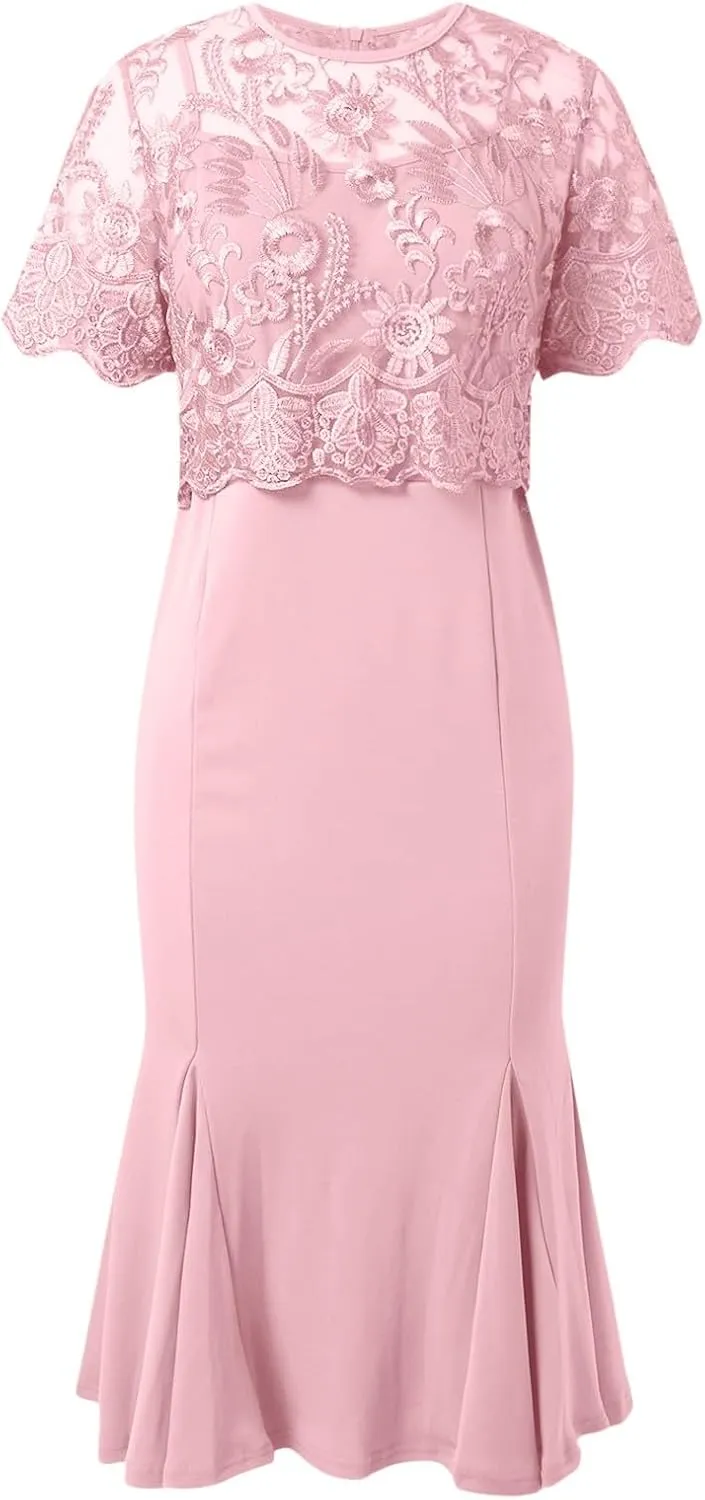 Women's Plus Size Elegant Dress Solid Color Contrast Lace Short Sleeve Round Neck Dress Summer Long Sleeve Dress