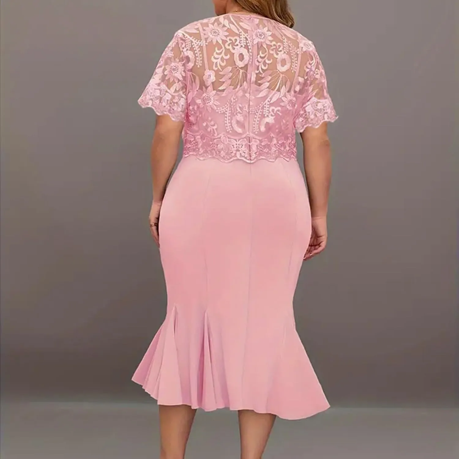 Women's Plus Size Elegant Dress Solid Color Contrast Lace Short Sleeve Round Neck Dress Summer Long Sleeve Dress