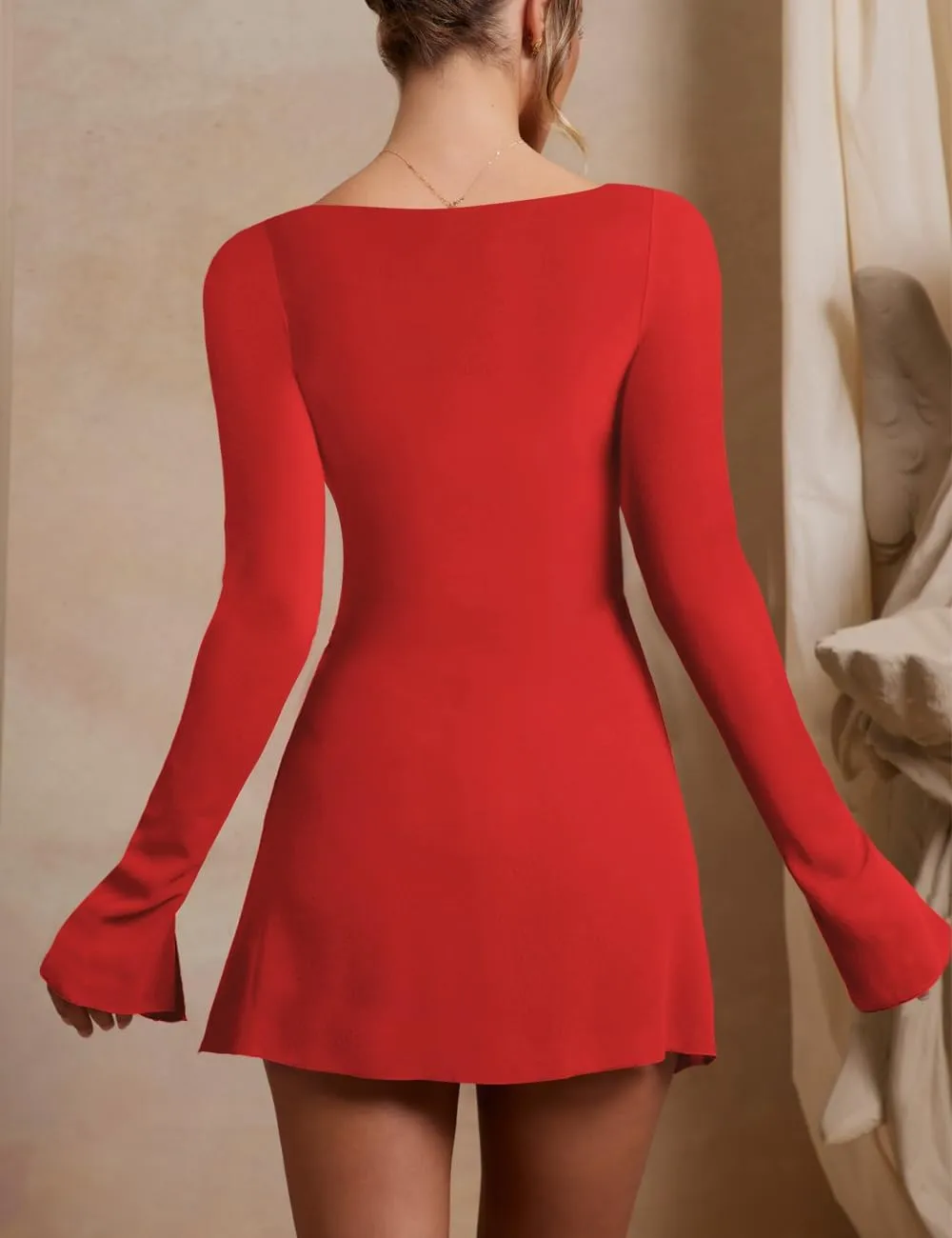 Womens Ruched Bodycon Dress Sexy Long Sleeve Square Neck Split Cocktail Party Club Mini Short Tight Dress