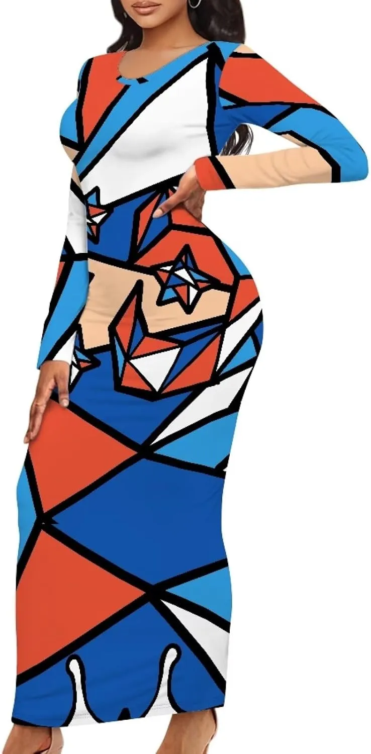 Women's Solid Long Sleeve Scoop Neck Pencil Bodycon Maxi Dress