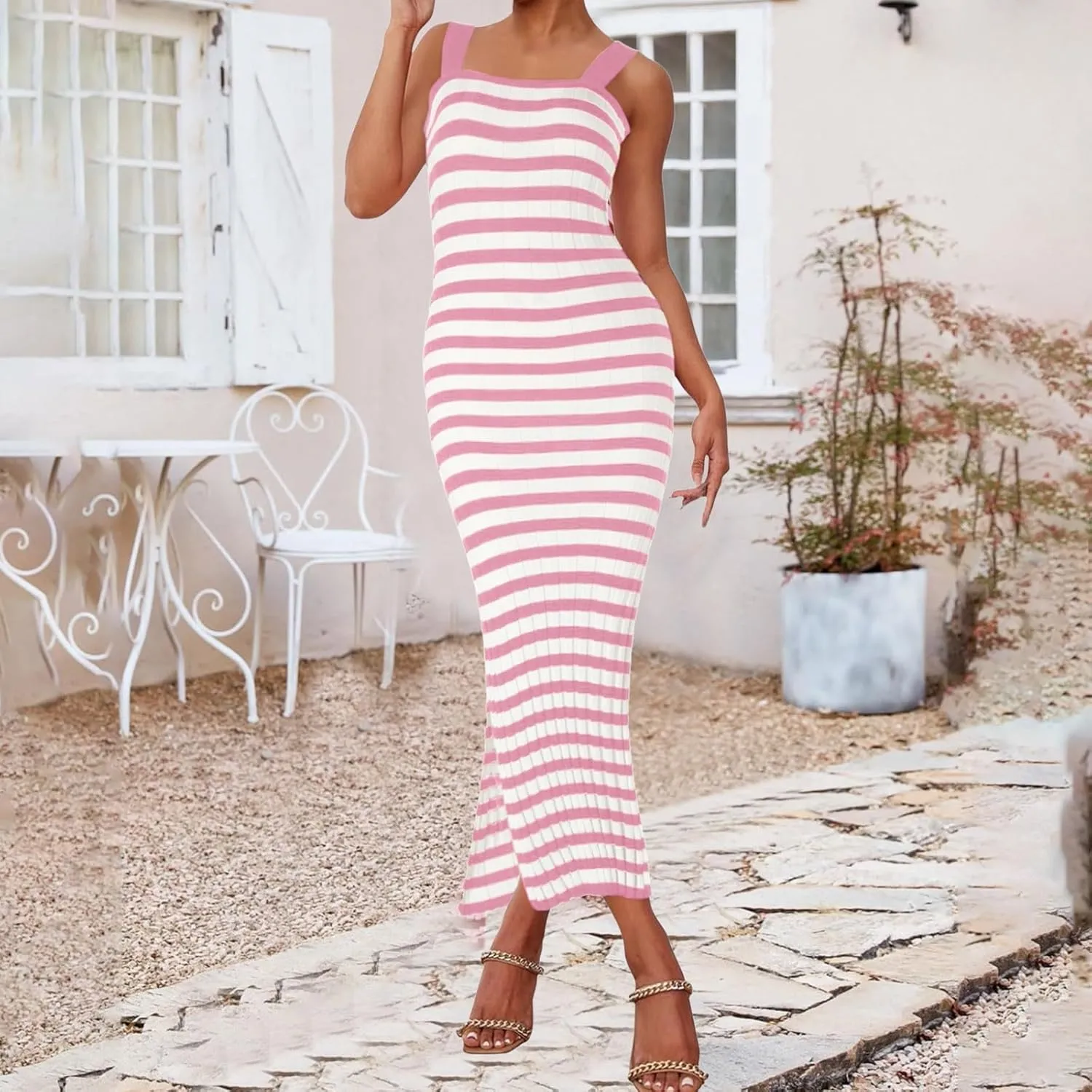 Women's Summer Dress Sleeveless Spaghetti Strap Striped Maxi Dress Casual Party Dresses Beach Long Dress