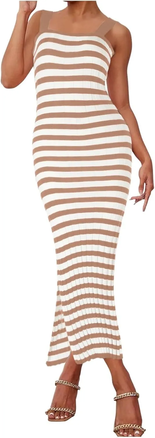 Women's Summer Dress Sleeveless Spaghetti Strap Striped Maxi Dress Casual Party Dresses Beach Long Dress