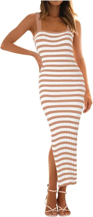 Women's Summer Dress Sleeveless Spaghetti Strap Striped Maxi Dress Casual Party Dresses Beach Long Dress