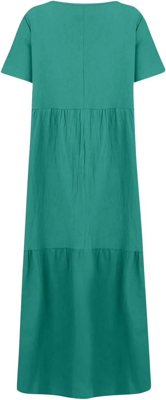Womens Summer Dresses 2025 Short Sleeve V-Neck Long Cotton Linen Dress Beach Vacation Baggy Casual Loose Sundress
