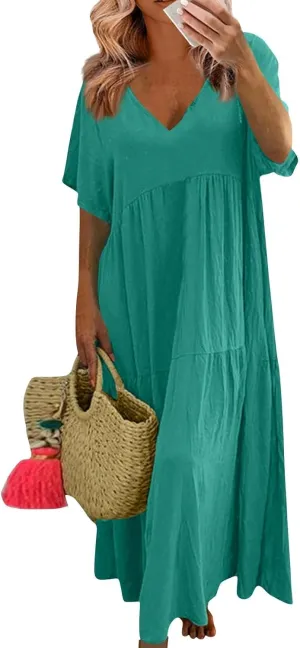 Womens Summer Dresses 2025 Short Sleeve V-Neck Long Cotton Linen Dress Beach Vacation Baggy Casual Loose Sundress