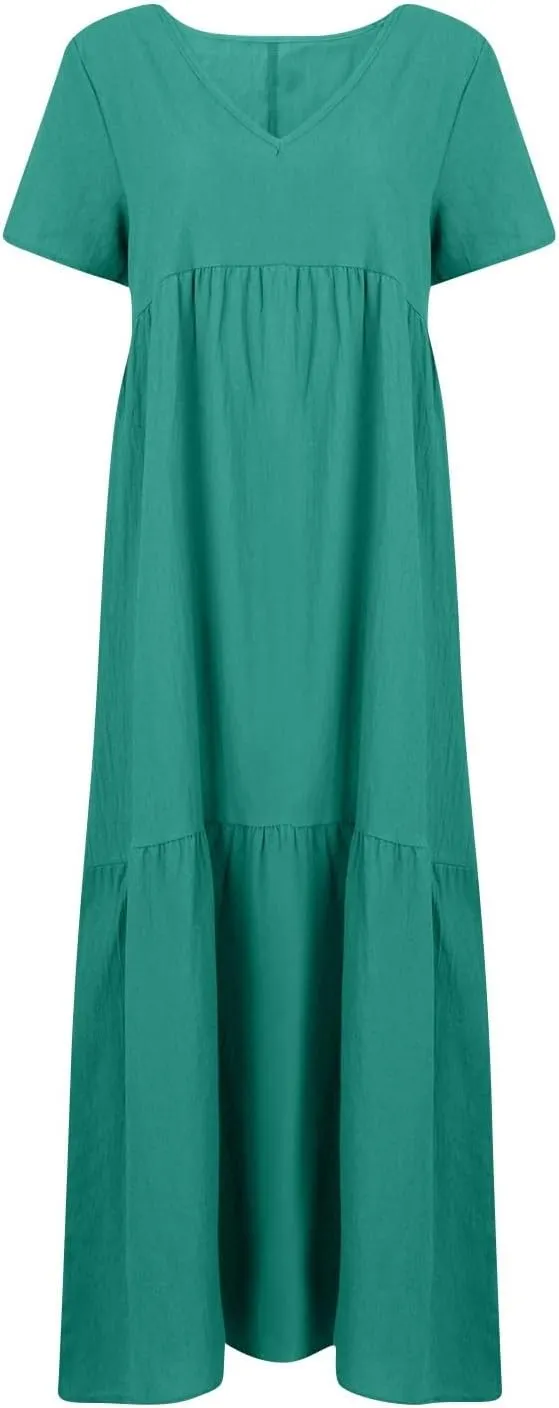 Womens Summer Dresses 2025 Short Sleeve V-Neck Long Cotton Linen Dress Beach Vacation Baggy Casual Loose Sundress