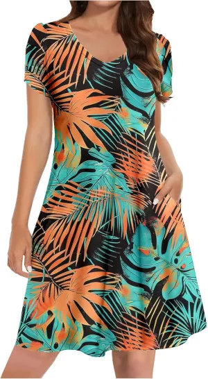 Womens Summer Dresses Casual Floral Sun Dresses Mini a-line Dress Flowy Beach Swing Dress Vacation with Pockets