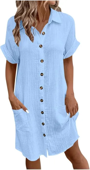 Womens Summer Dresses Casual Roll Up Short Sleeve Knee Length Cotton Linen Button Down Tunic Shirt Dress with Pockets