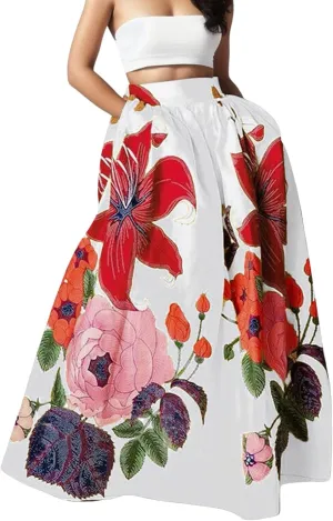 Womens Summer Maxi Skirts High Waist Pleated A-Line Skirts Floral Flowy Swing Long Beach Skirt Dress with Pockets