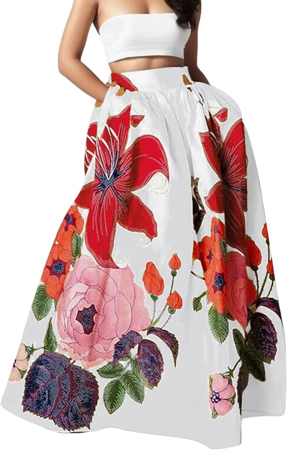 Womens Summer Maxi Skirts High Waist Pleated A-Line Skirts Floral Flowy Swing Long Beach Skirt Dress with Pockets