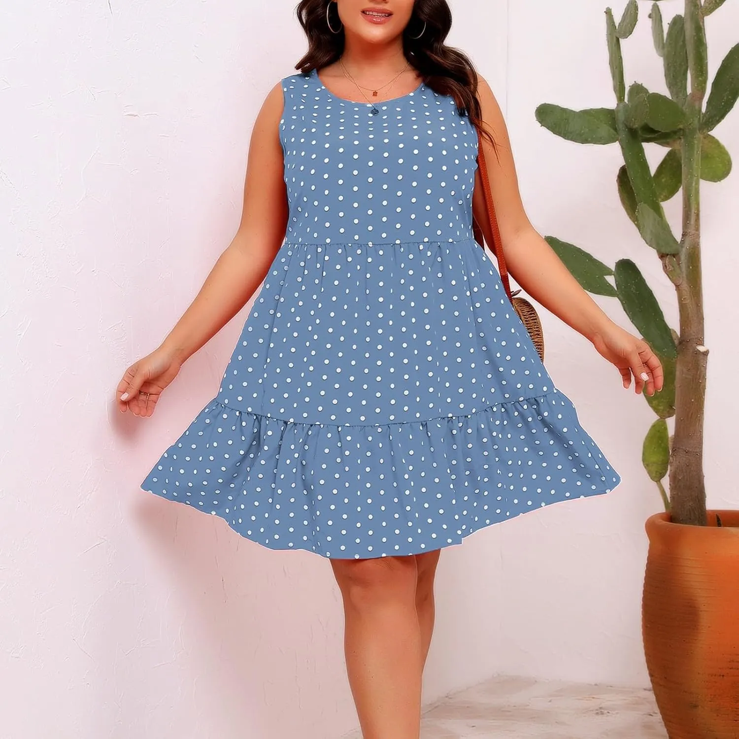 Women's Summer Plus Size Swing Dress, Sleeveless Crewneck Casual Dresses Fashion Polka Dot Porm Party Trendy Clothes