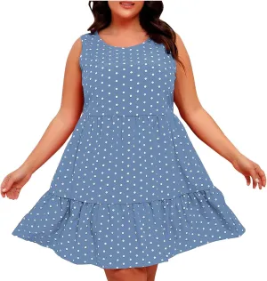 Women's Summer Plus Size Swing Dress, Sleeveless Crewneck Casual Dresses Fashion Polka Dot Porm Party Trendy Clothes
