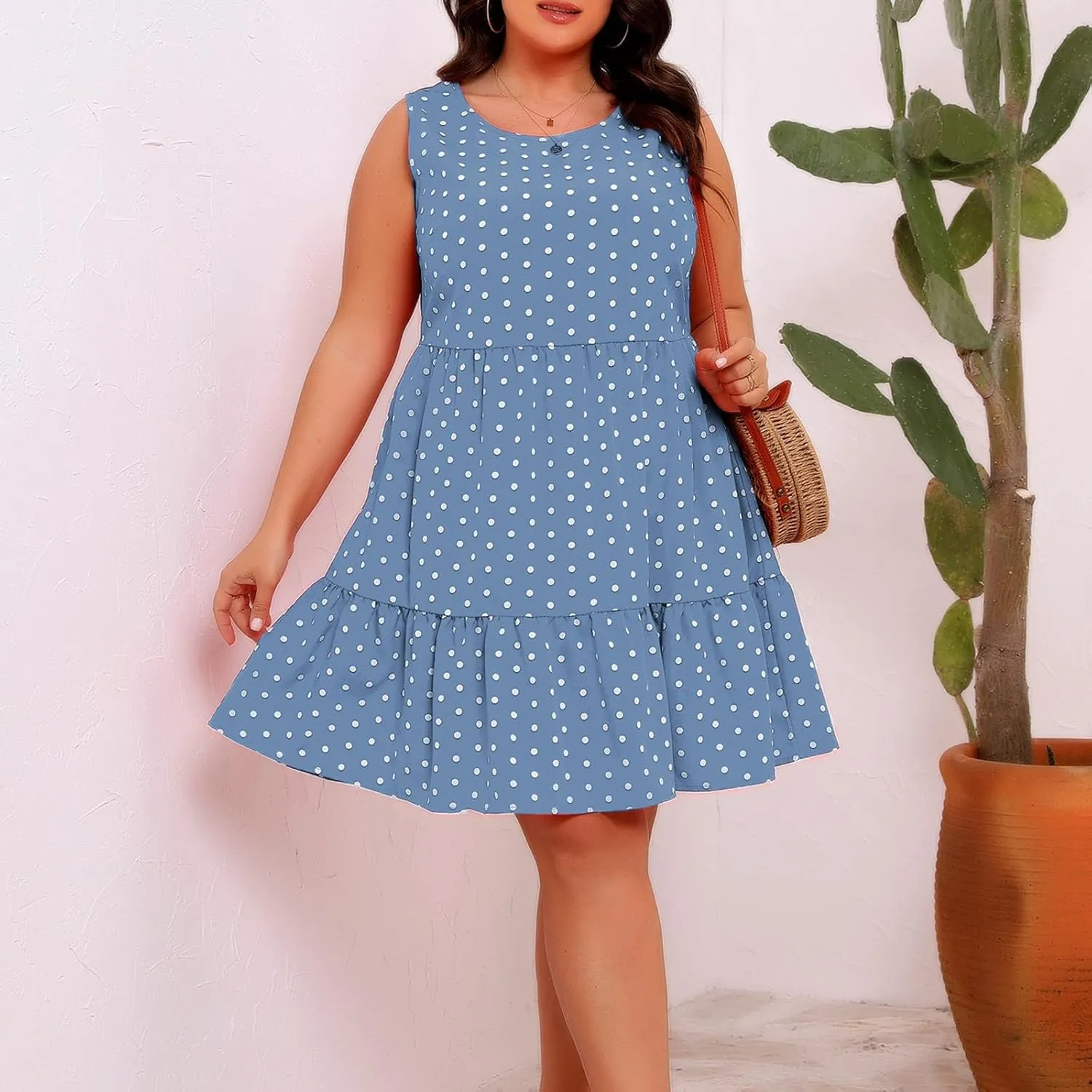 Women's Summer Plus Size Swing Dress, Sleeveless Crewneck Casual Dresses Fashion Polka Dot Porm Party Trendy Clothes